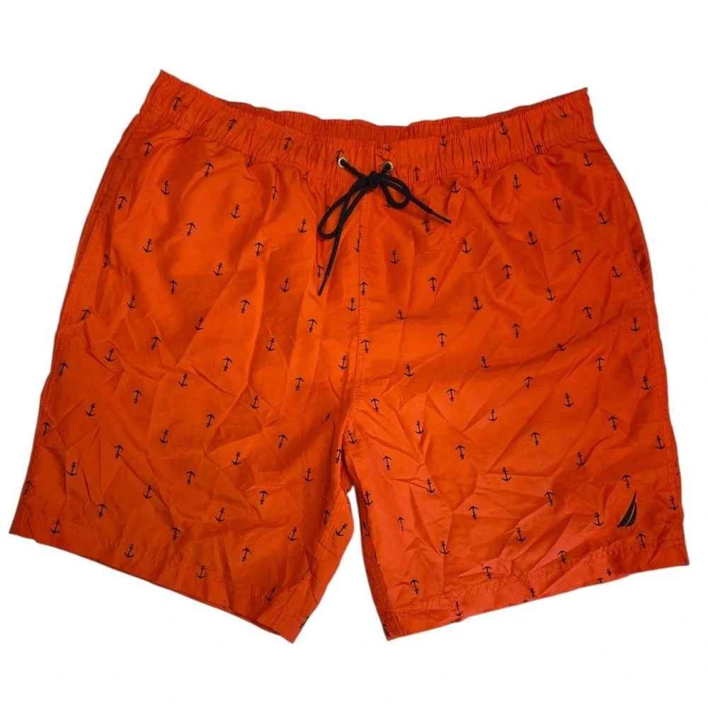 Nautica Mens Orange Anchor Print Swim Trunks Mesh Lined Board Shorts XL
